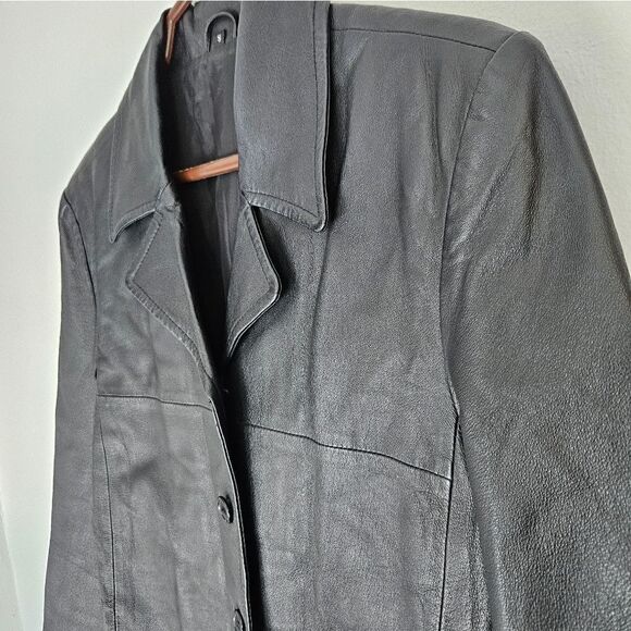 Vintage Black Leather Long Line Midi Length Button Front Duster Jacket Coat S - Picture 8 of 13